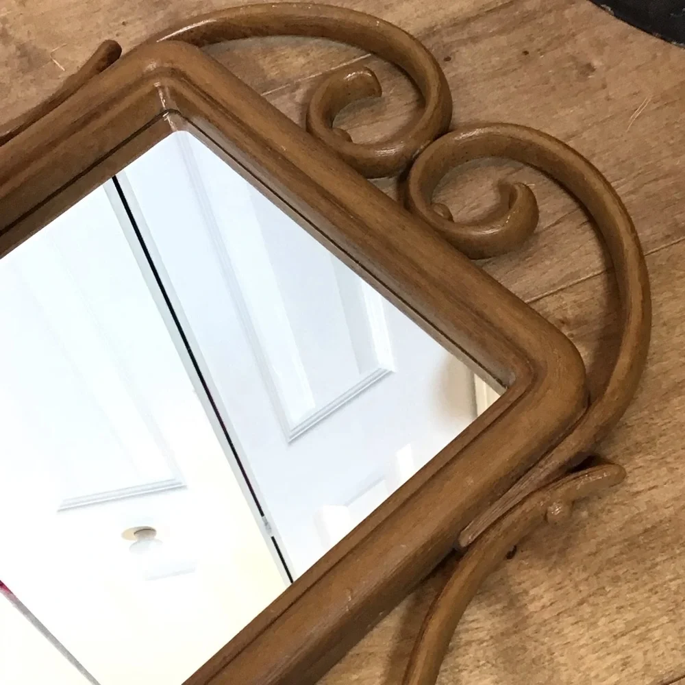 Vintage Homco Syroco Faux Wood Rattan Wall Mirrors Set Pocket Planter Shelf 1981